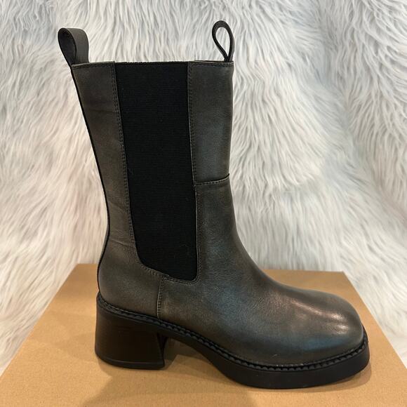 Steve Madden Maren Leather Mid-Calf Chelsea Boots Block Low Heel Dark Gray - Picture 3 of 8